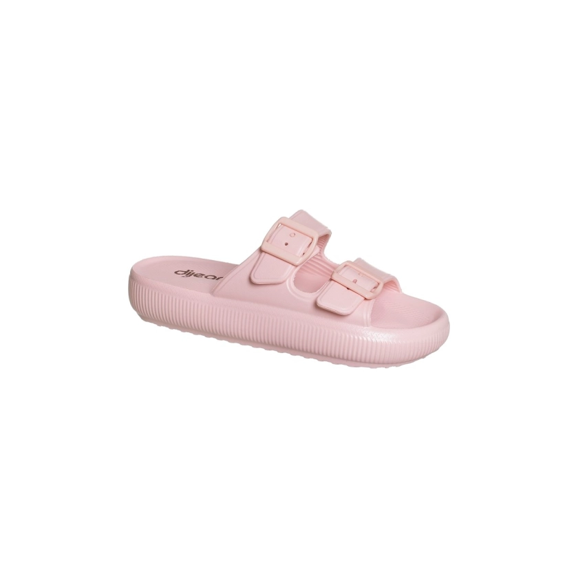 Na imagem temos o chinelo feminino dijean plataforma nude com detalhe de fivelas
