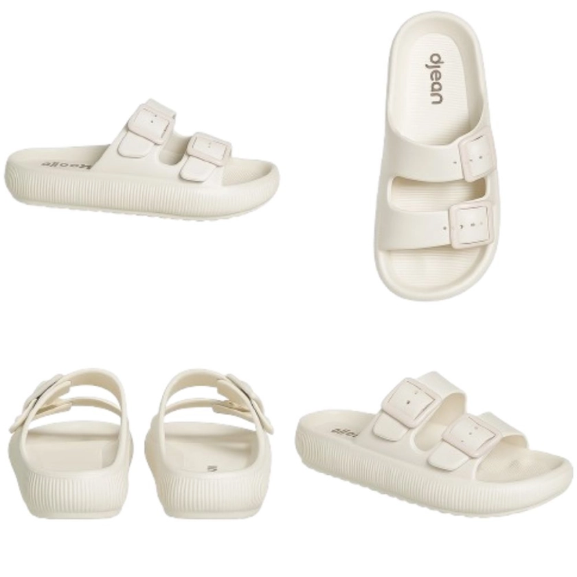 Na imagem temos o chinelo feminino dijean plataforma off white com detalhe de fivelas