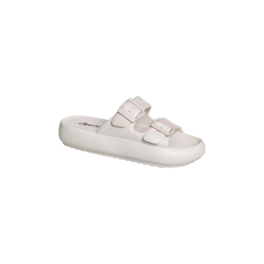 Na imagem temos o chinelo feminino dijean plataforma off white com detalhe de fivelas