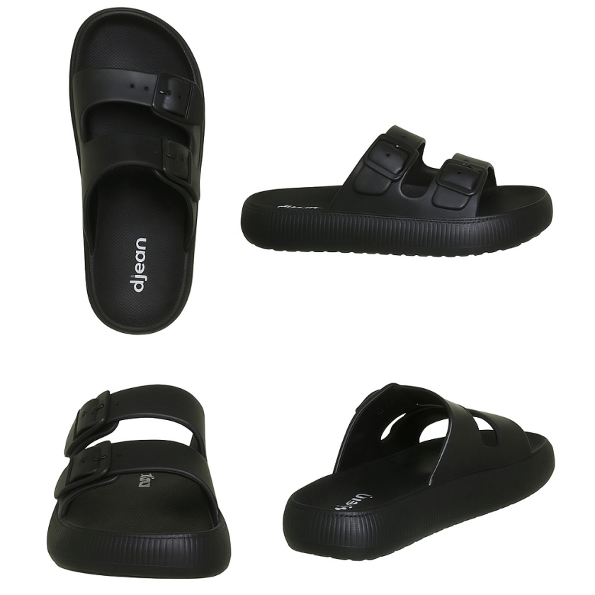 Na imagem temos o chinelo feminino dijean plataforma preto com detalhe de fivelas