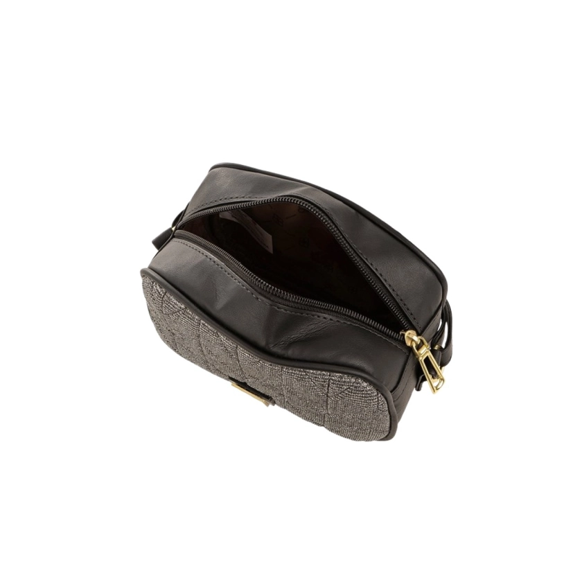 Mini Bolsa Feminina Rafitthy Be Forever Preta e Prata: compacta (15x13x8 cm), com glamour e versatilidade. Feita em material sintético com forro em poliéster, possui fechamento em zíper para segurança e estilo.