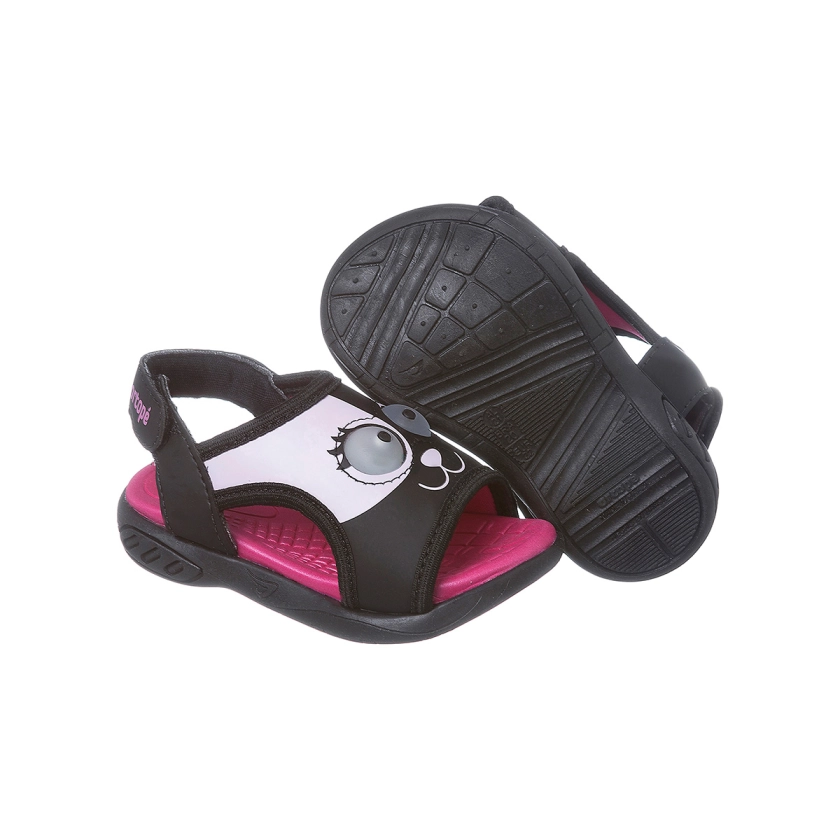 Na imagem temos uma linda sandália de led infantil feminina Ortopé com estampa de monstrinho nas cores preto e pink.