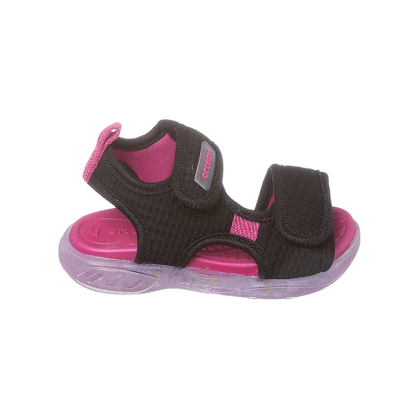 Na imagem temos uma linda sandália de led infantil feminina Ortopé nas cores preto e pink. Fecho duplo em velcro.