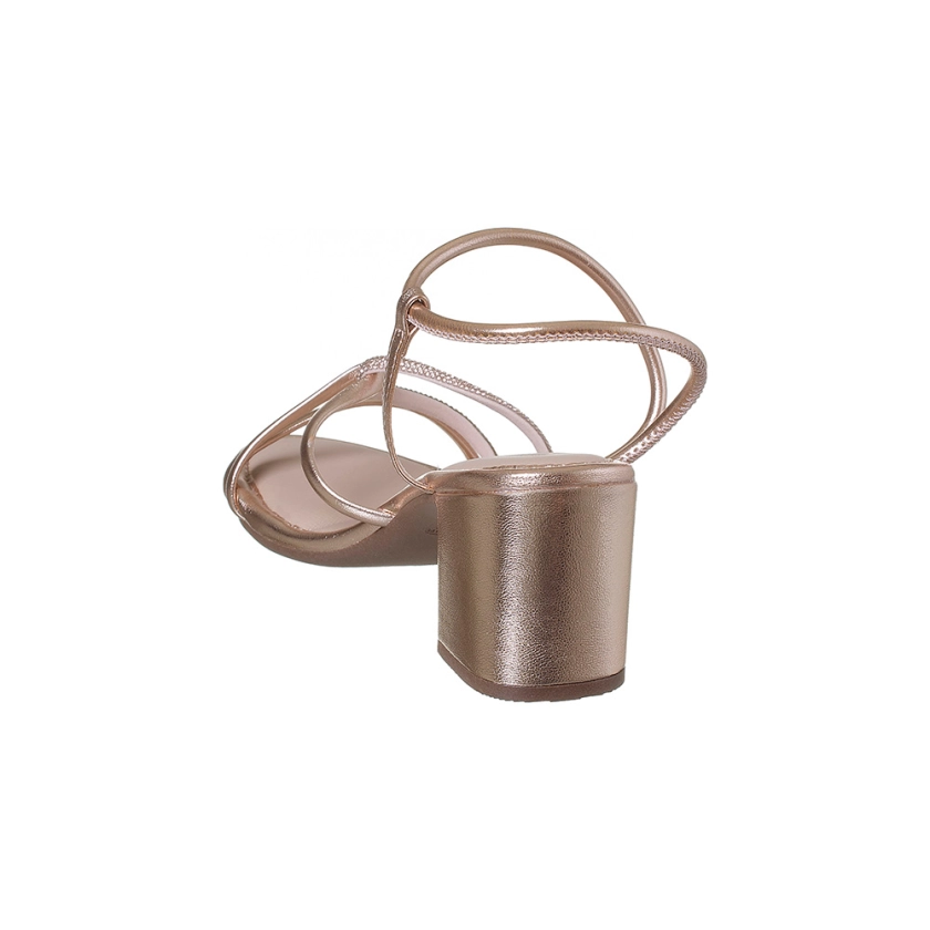 Na imagem temos uma linda sandália em salto bloco na cor cobre com tiras em rose e nude com calce em elástico, linda perfeita para qualquer ocasião.