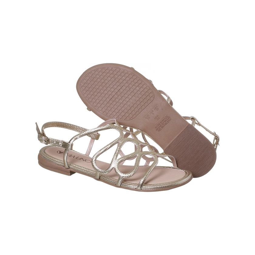 Na imagem temos uma linda Sandália Feminina Via Uno Trançado Gota Ouro, confeccionada em material sintético de alta qualidade com um design trançado sofisticado e detalhe em gota. A palmilha acolchoada proporciona conforto extremo, enquanto o fecho em fivela com pino ajustável garante um ajuste seguro e prático.