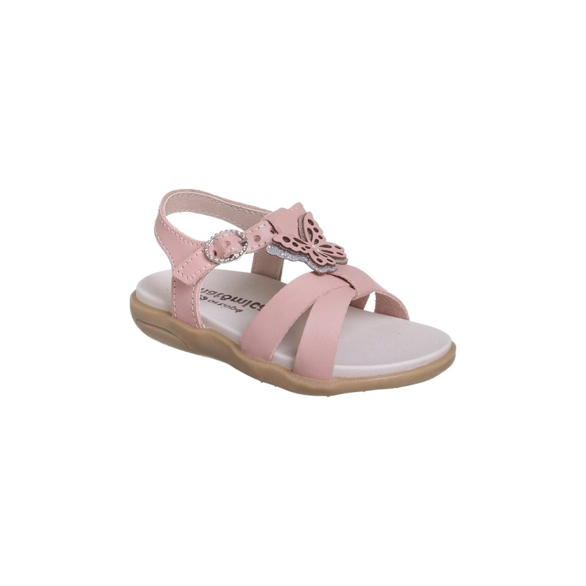 Na imagem temos a sandália infantil feminina autêntica com detalhe de borboleta na cor rosa chá, palmilha 100% anatômica, solado antiderrapante, fechamento fivela com pino.