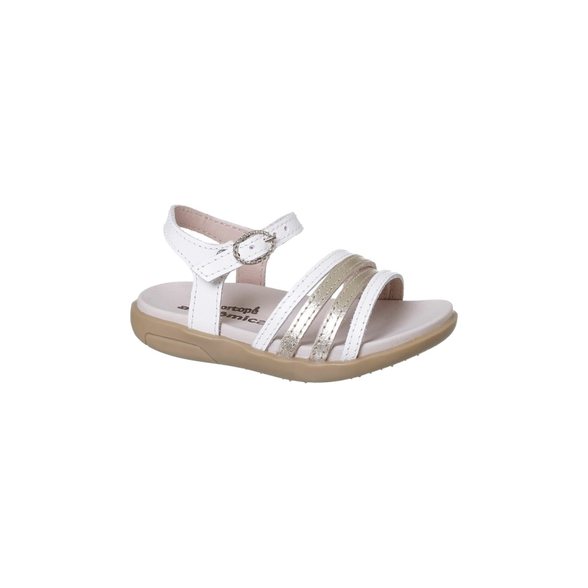 Na imagem temos a sandália Infantil Feminina Autêtica feita em couro, palmilha anatômica que trás todo o conforto que os pezinhos delicados precisam, solado atiderrapante feito em TR proporcionando brincadeiras mais seguras, seus desing em tiras nas cores branco e dourado com fecho em fivela com pino permitindo um ajuste confortavel.