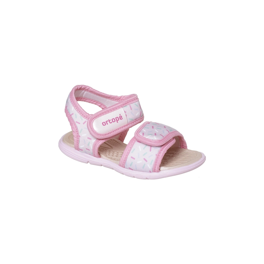 na imagem, sandália infantil com fecho em velcro na cor rosa e colorida