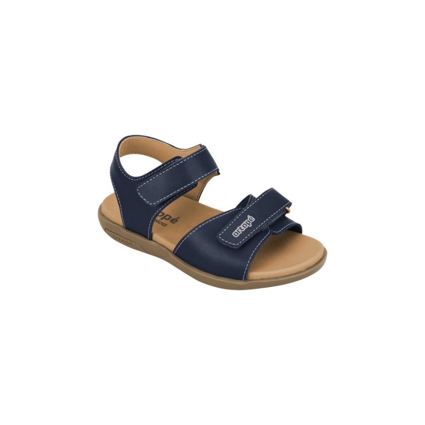 Na imagem temos a sandália infantil masculina ortopé autêtica basic com fecho duplo na cor marinho.
