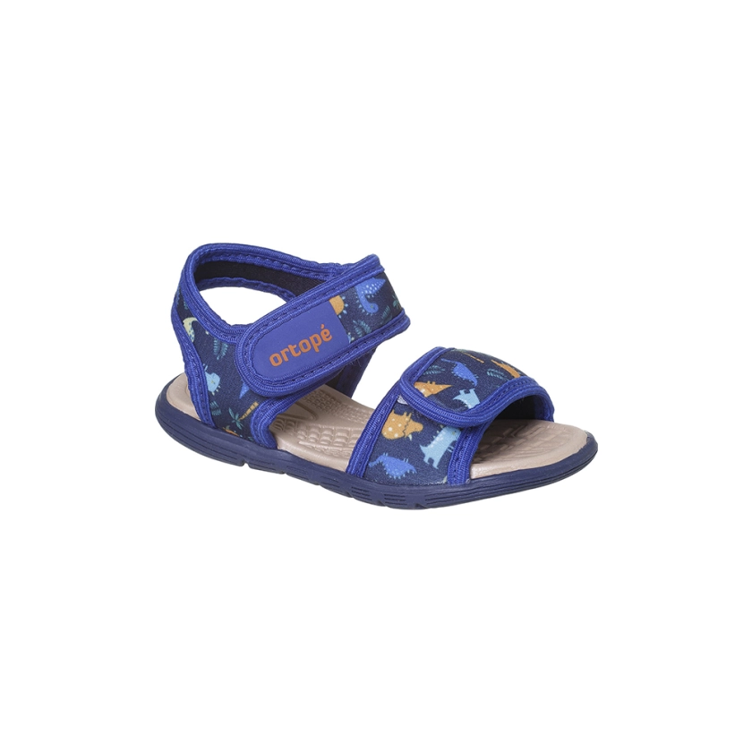 na imagem, sandalia infantil masculina com fecho em velcro na cor azul royal com desenhos de dinossauro