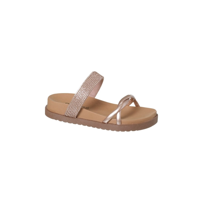 Na imagem temos uma linda sandália papete infantil feminina estilo birken com uma tira larga de strass na cor cobre.