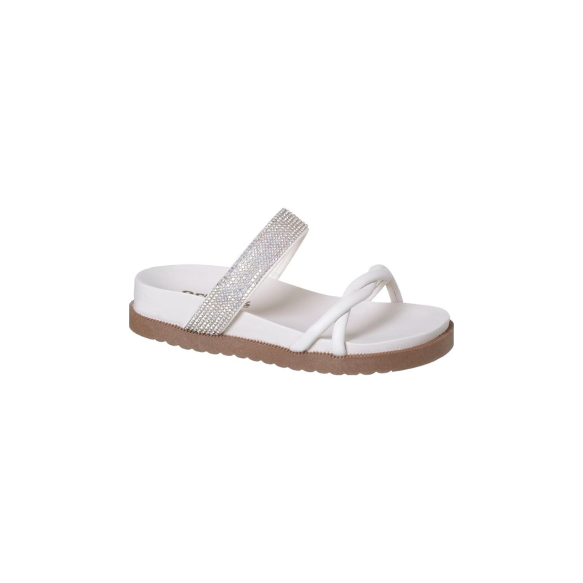 Na imagem temos uma linda sandália papete infantil feminina estilo birken com uma tira larga de strass na cor Off White.