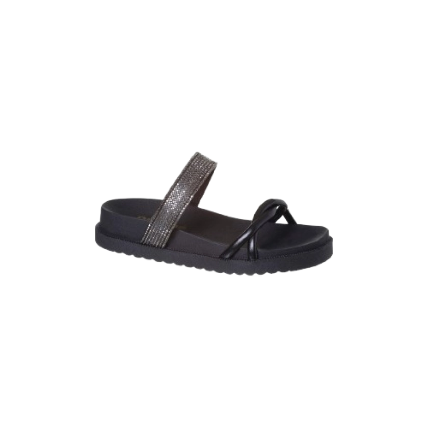 Na imagem temos uma linda sandália papete infantil feminina estilo birken com uma tira larga de strass na cor preta.
