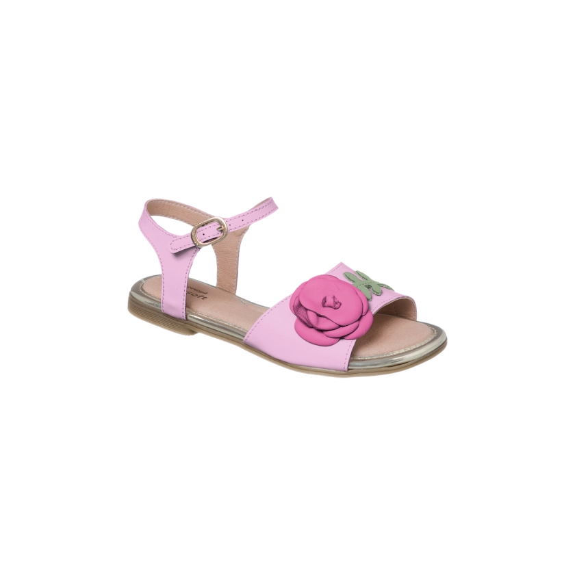 Na imagem temos uma linda sandália rasteira ortopé rosa com detalhe em flor trazendo um maior charme para o calçado.