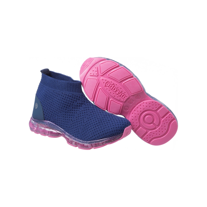 Lindo tênis infantil feminino com Led no solado, na cor azul com rosa