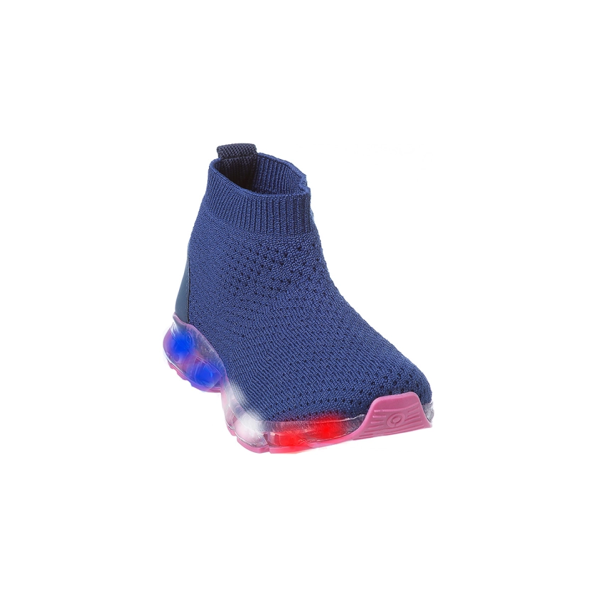 Lindo tênis infantil feminino com Led no solado, na cor azul com rosa