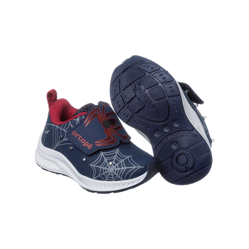 Na imagem temos um lindo tênis de led infantil masculino Ortopé com estampa de aranha e led aplicado na lateral. Nas cores azul marinho e vermelho.