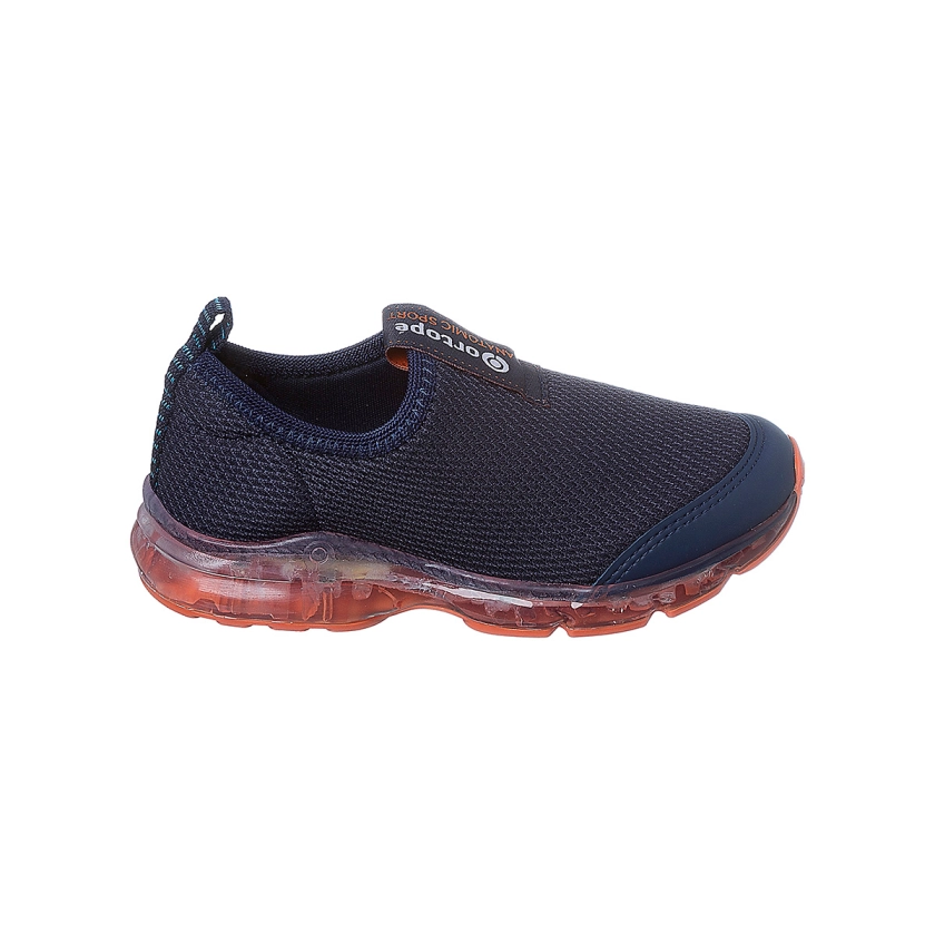 Na imagem temos um lindo tênis de led infantil masculino Ortopé calce fácil nas cores azul marinho e laranja.