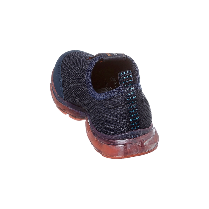 Na imagem temos um lindo tênis de led infantil masculino Ortopé calce fácil nas cores azul marinho e laranja.
