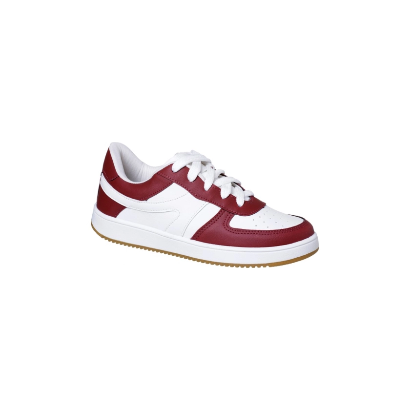 Na imagem temos o tênis feminino Dijean flatform com fechamento em cadarços nas cores branco e bôrdo
