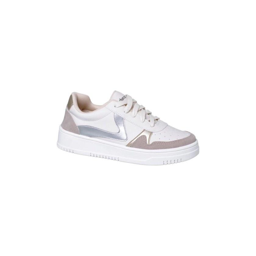 Na imagem temos o tênis feminino Dijean flatform com fecho em cadarço nas cores off white e ouro light