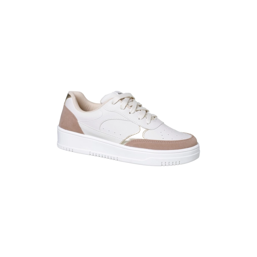 Na imagem temos o tênis feminino dijean flatform nas cores off white e rosado