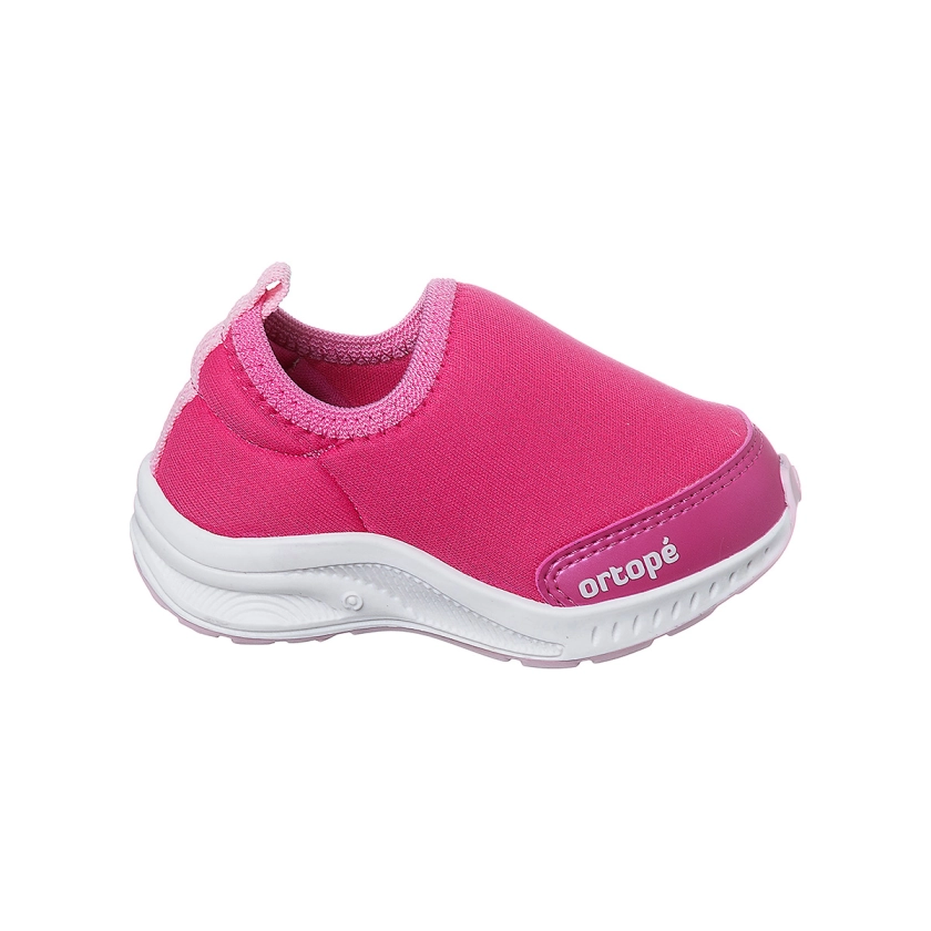 Na imagem temos um lindo tênis infantil feminino Ortopé calce fácil todo na cor rosa pink.