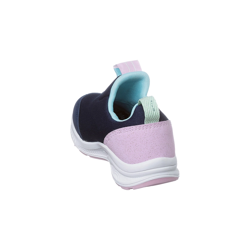 Na imagem temos um lindo tênis infantil feminino Ortopé nas cores azul marinho e rosa, calce fácil.