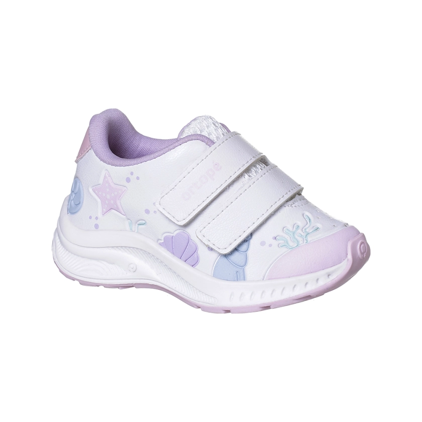 Tênis infantil feminino ortop dna flex fita aderente branco, calçado infantil da marca Ortopé, com design e cores ideais para conforto e estilo.