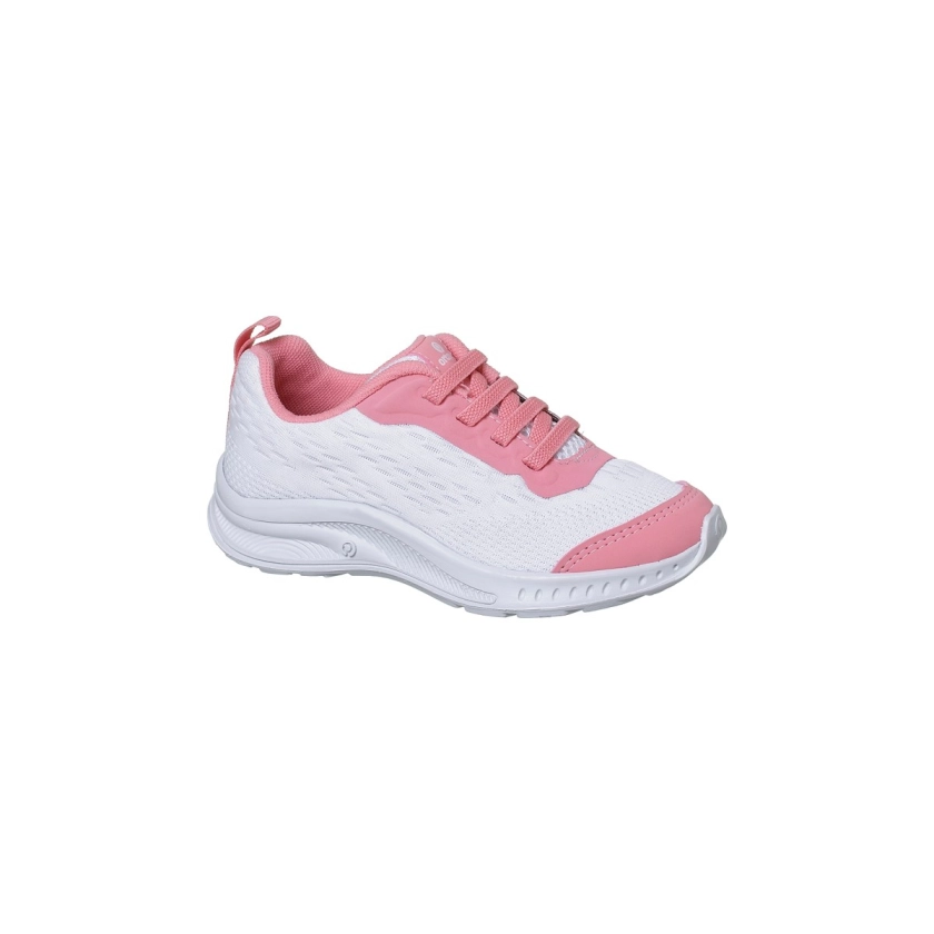 Na imagem temos um lindo tênis infantil feminino ortopé dna flex respirável na cor branco rosa