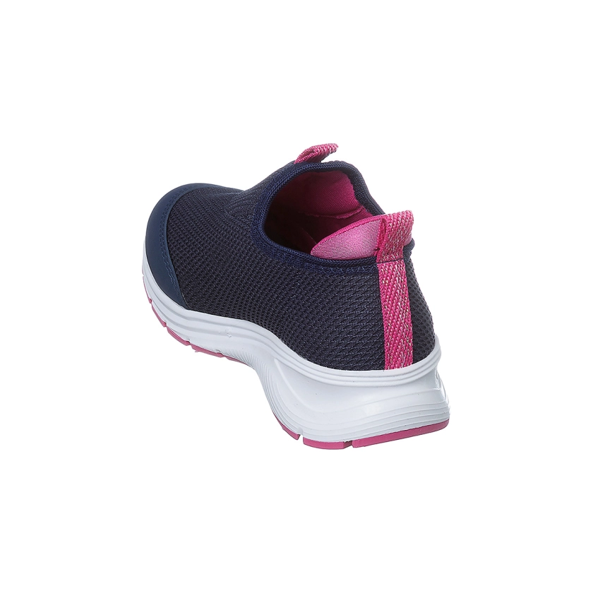 Na imagem temos um lindo tênis infantil feminino Ortopé calce fácil azul marinho e pink.