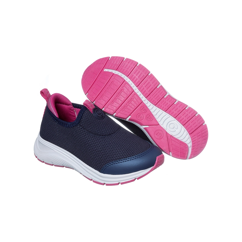Na imagem temos um lindo tênis infantil feminino Ortopé calce fácil azul marinho e pink.