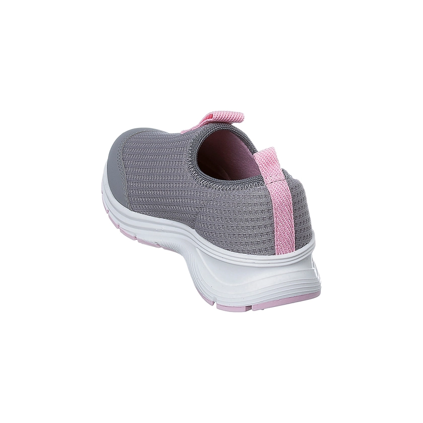 Na imagem temos um lindo tênis infantil feminino Ortopé calce fácil nas corez cinza e rosa.