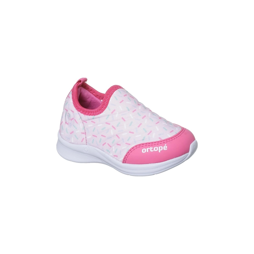 Na imagem temos o tênis infantil feminino happy comfort com estampa de confete calce facil na cor pink