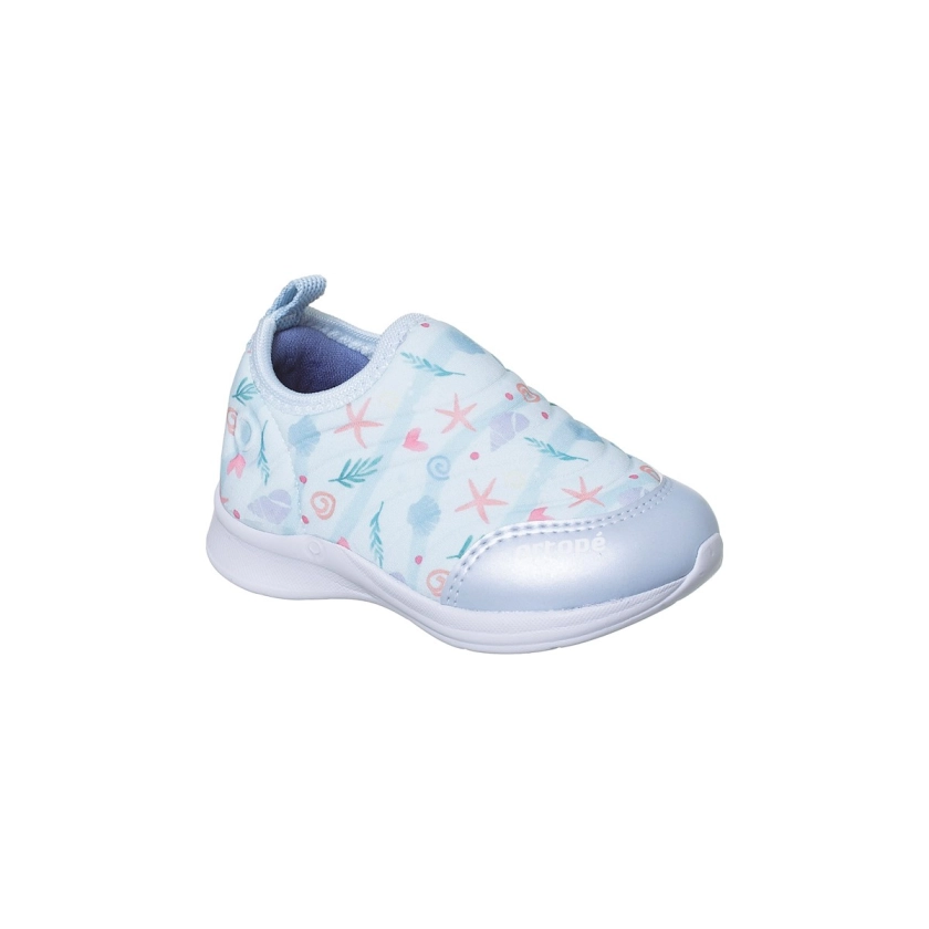 Na imagem temos o tênis infantil feminino happy comfort com estampa de fundo do mar calce facil na cor azul bb.