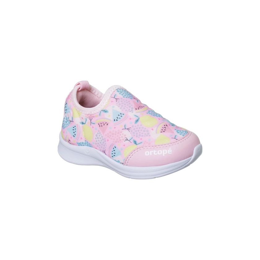 Na imagem temos o tênis infantil feminino happy comfort com estampa de melancia calce facil na cor rosa.
