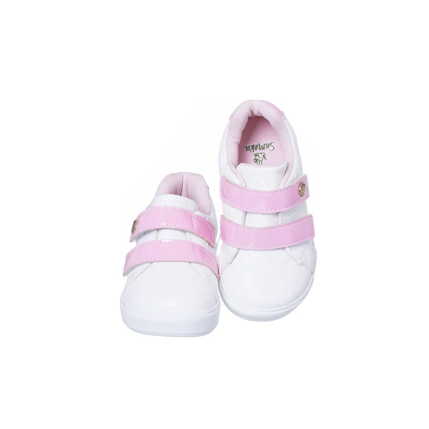Na imagem temos um lindo tênis na cor branco e rosa, com fecho duplo aderente, confortável, acolchoado perfeito para os pézinhos delicados das pequenas