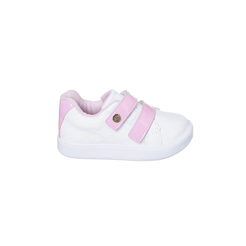 Na imagem temos um lindo tênis na cor branco e rosa, com fecho duplo aderente, confortável, acolchoado perfeito para os pézinhos delicados das pequenas