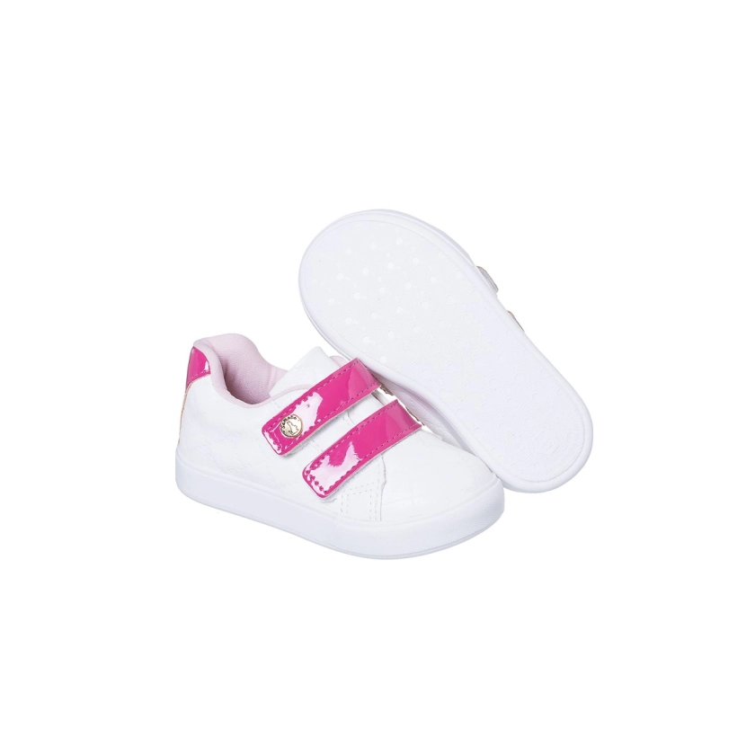 Na imagem temos um lindo tênis na cor branco e Pink, com fecho duplo aderente, confortável, acolchoado perfeito para os pézinhos delicados das pequenas