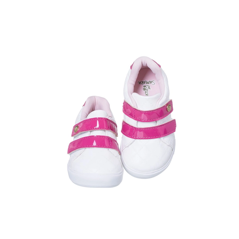 Na imagem temos um lindo tênis na cor branco e Pink, com fecho duplo aderente, confortável, acolchoado perfeito para os pézinhos delicados das pequenas