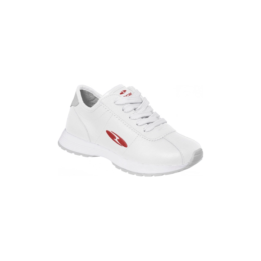 Na foto temos um tênis Bical linha free walk na cor branco e vermelho, além de ser todo estiloso é muito confortável, as crianças e as mamães vão adorar.