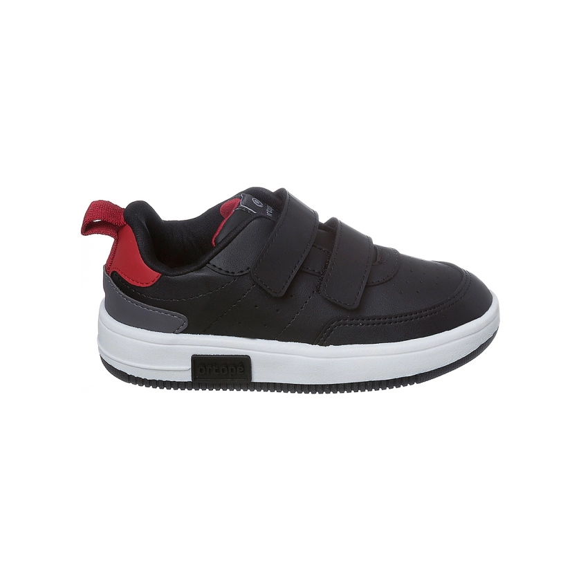 Na imagem temos um lindo tênis infantil masculino Ortopé nas cores preto e branco. Com fecho duplo em fita aderente.