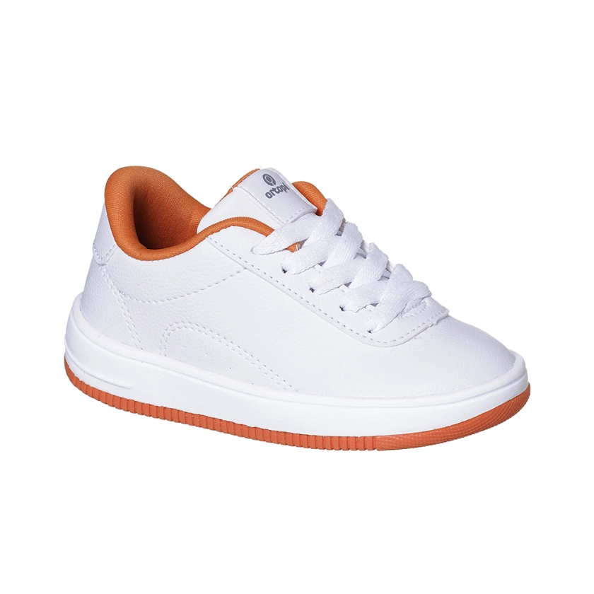 Tênis infantil masculino ortop cadarço bliss branco laranja, calçado infantil da marca Ortopé, com design e cores ideais para conforto e estilo.