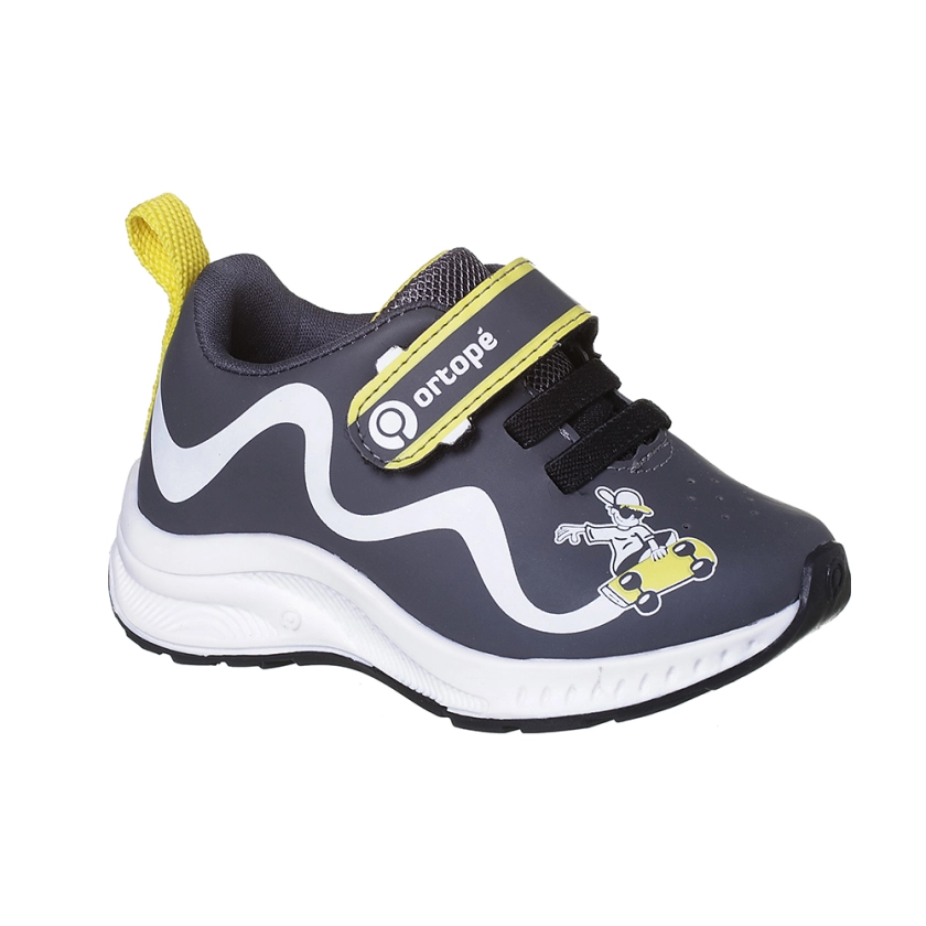 Tênis infantil masculino ortop dna flex tira aderente cadarço elástico grafite, calçado infantil da marca Ortopé, com design e cores ideais para conforto e estilo.