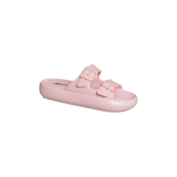 Na imagem temos o chinelo feminino dijean plataforma nude com detalhe de fivelas