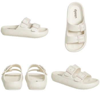 Na imagem temos o chinelo feminino dijean plataforma off white com detalhe de fivelas