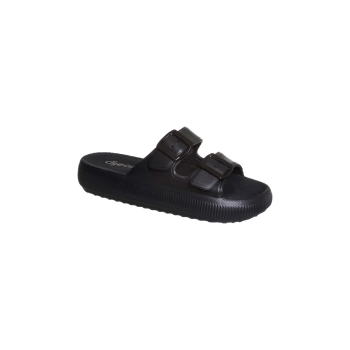 Na imagem temos o chinelo feminino dijean plataforma preto com detalhe de fivelas