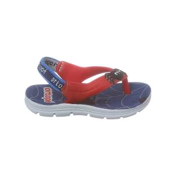 Na imagem temos um lindo chinelo de dedo infantil masculino Ortopé com detalhe de aranha nas cores vermelho e azul marinho. Elástico no calcanhar para prender o pezinho no calçado.