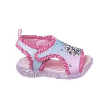 Na imagem temos uma linda sandália de led infantil feminina Ortopé com estampa de unicórnio na cor rosa.