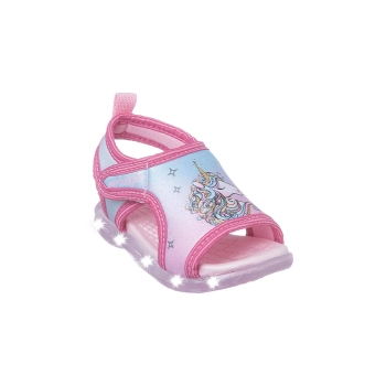 Na imagem temos uma linda sandália de led infantil feminina Ortopé com estampa de unicórnio na cor rosa.